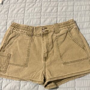 Women's Tan Elastic-Waist Utility Jean Shorts